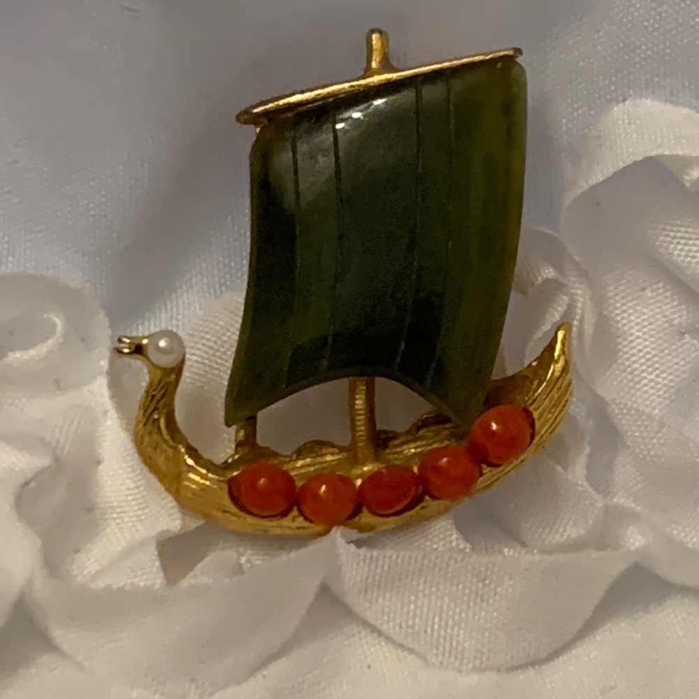 Swoboda Vintage Genuine Jeweled Sailing Ship Goldtone Brooch